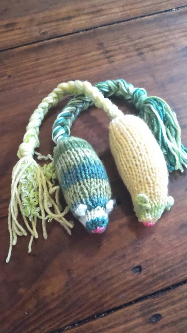 May include: Two knitted cat toys shaped like mice, connected by a braided rope. One mouse is yellow, the other is green and blue striped. Both have pink noses and white ears. The rope and tails are green and yellow.