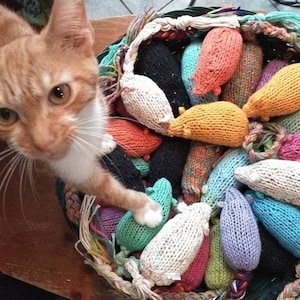 May include: An orange tabby cat reaches towards a basket filled with colorful, knitted toy mice. The mice are in various colors, including orange, pink, blue, and white. The basket has a braided rope rim.