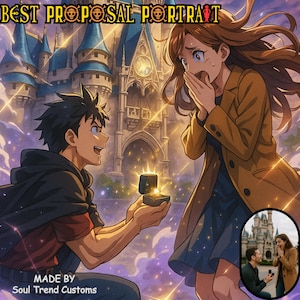 Retrato de pareja de anime personalizado, cartas de One Piece TCG personalizadas, regalo de compromiso de la esposa, regalo para el primer aniversario, arte de boda "Ella dijo sí"