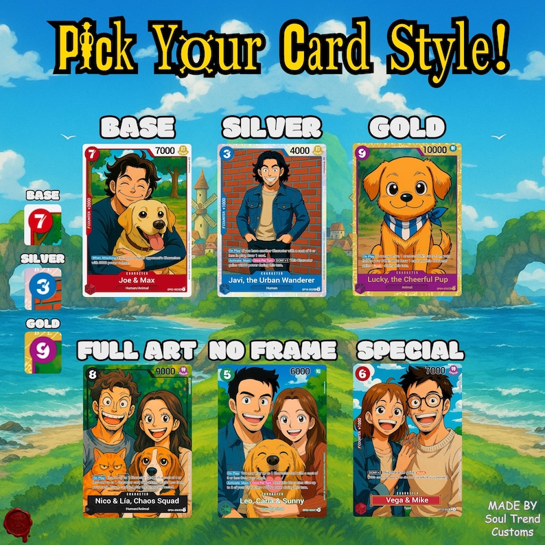 May include: Image featuring trading cards with various designs and styles. The text "Pick Your Card Style!" is at the top. The cards showcase illustrations of people and dogs, with different card styles labeled "Base," "Silver," "Gold," "Full Art," "No Frame," and "Special."