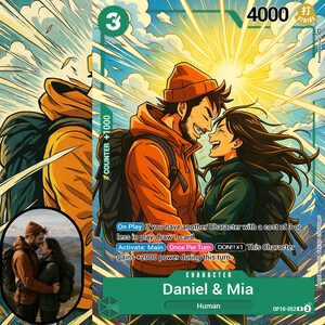 May include: A trading card featuring an illustration of a smiling couple with backpacks, set against a mountain backdrop and a bright sun. The card includes the text "Daniel & Mia" and game-related text and numbers.