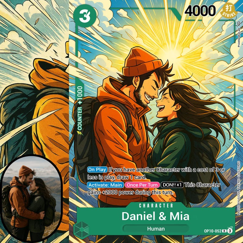 May include: A trading card featuring an illustration of a smiling couple with backpacks, set against a mountain backdrop and a bright sun. The card includes the text "Daniel & Mia" and game-related text and numbers.