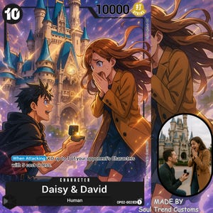 May include: A trading card featuring an anime-style illustration of a proposal scene. A man presents a ring to a woman in front of a castle. The card includes the text "Daisy & David" and "10000 Strike".