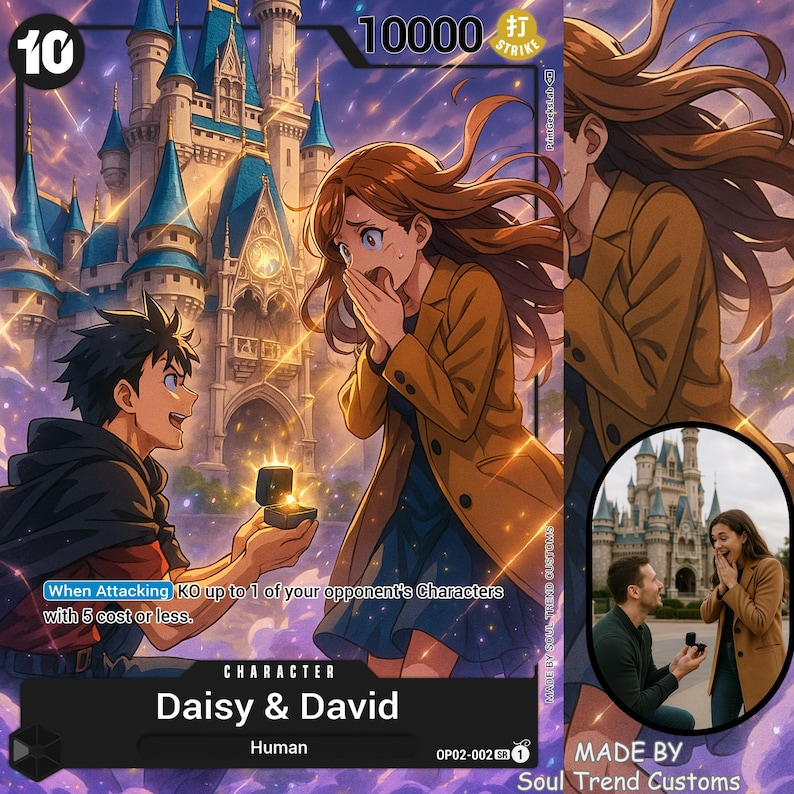 May include: A trading card featuring an anime-style illustration of a proposal scene. A man presents a ring to a woman in front of a castle. The card includes the text "Daisy & David" and "10000 Strike".