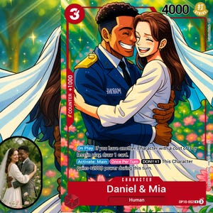 May include: A trading card featuring a smiling couple embracing, with the man in a navy uniform. The card has a red border with text that reads "Daniel & Mia" and "Human." The background is a vibrant green with floral accents.