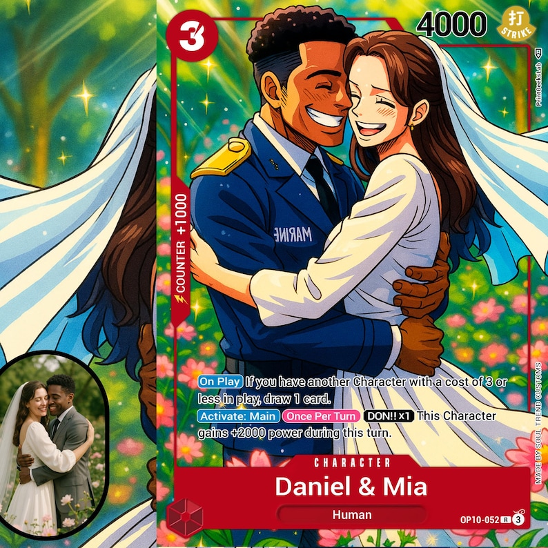 May include: A trading card featuring a smiling couple embracing, with the man in a navy uniform. The card has a red border with text that reads "Daniel & Mia" and "Human." The background is a vibrant green with floral accents.