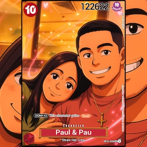 May include: A trading card featuring an anime-style illustration of a smiling couple, Paul & Pau, from the Straw Hat Crew. The card has a red and gold color scheme with the number 10 in the upper left corner and the number 122622 at the top. The card also has text that says "DON!! x2 This character gains Rush".
