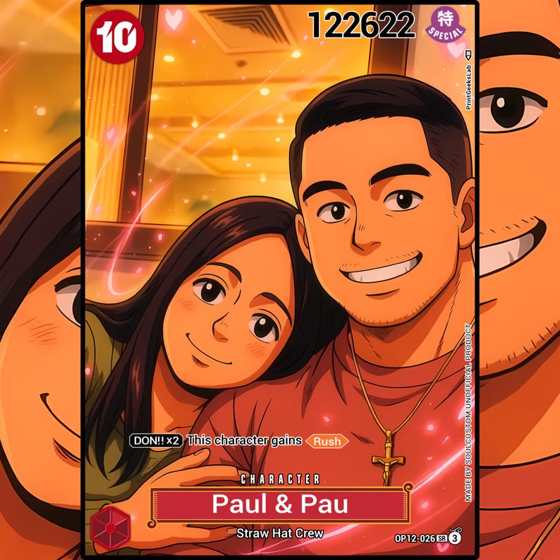 May include: A trading card featuring an anime-style illustration of a smiling couple, Paul & Pau, from the Straw Hat Crew. The card has a red and gold color scheme with the number 10 in the upper left corner and the number 122622 at the top. The card also has text that says "DON!! x2 This character gains Rush".