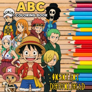 One Piece ABC Malvorlagen, digitales Alphabet zum Ausdrucken für Kinder, Babypartyaktivität, erster Geburtstag Bestie-Geschenke, lustiges Spiel für Andenken