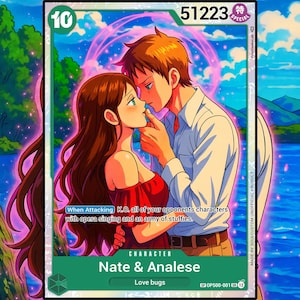 May include: A trading card featuring an illustration of a couple in a romantic embrace. The card has a green border with the number "10" in the upper left corner and the text "Nate & Analese" at the bottom. The card also includes the text "Love bugs".
