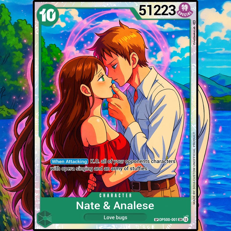May include: A trading card featuring an illustration of a couple in a romantic embrace. The card has a green border with the number "10" in the upper left corner and the text "Nate & Analese" at the bottom. The card also includes the text "Love bugs".