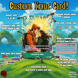 May include: Customizable trading card design featuring a couple, with options for cost, power, attack type, and card effects. Includes text prompts for customization, color selection, and a character name. The card has a green and gold color scheme.