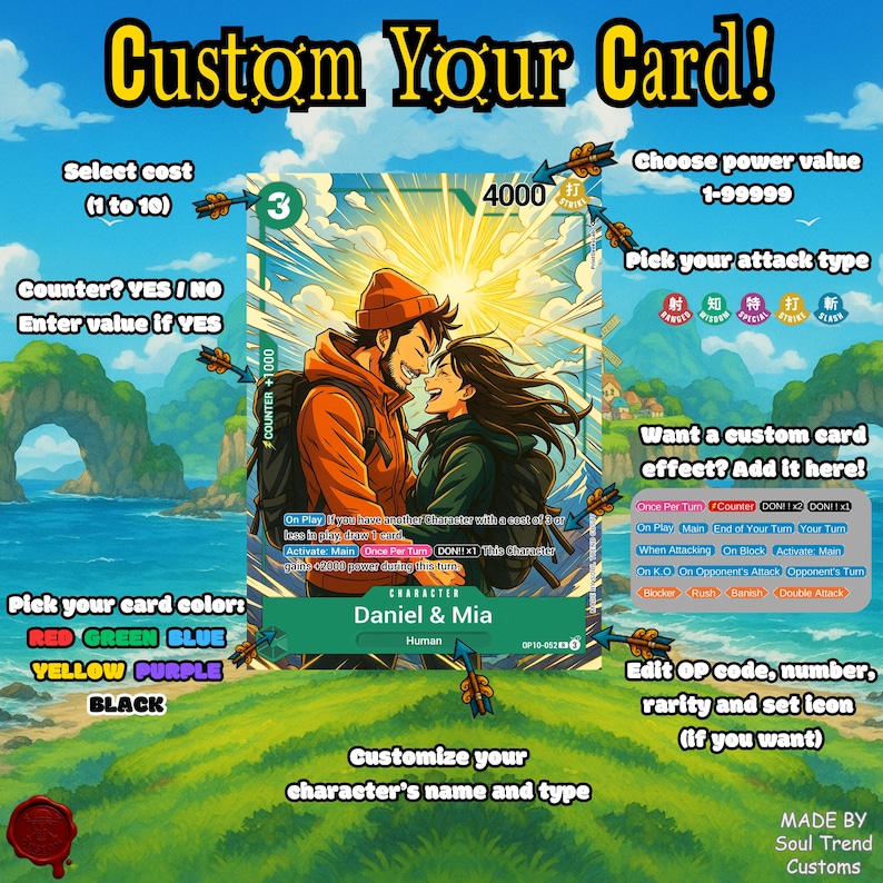 May include: Customizable trading card design featuring a couple, with options for cost, power, attack type, and card effects. Includes text prompts for customization, color selection, and a character name. The card has a green and gold color scheme.