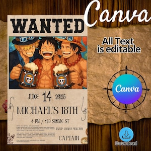 One Piece Canva Geburtstagseinladung, druckbare Geburtstagseinladung, Anime Pirat Geburtstagseinladung für Kinder, bearbeitbare digitale Einladungen