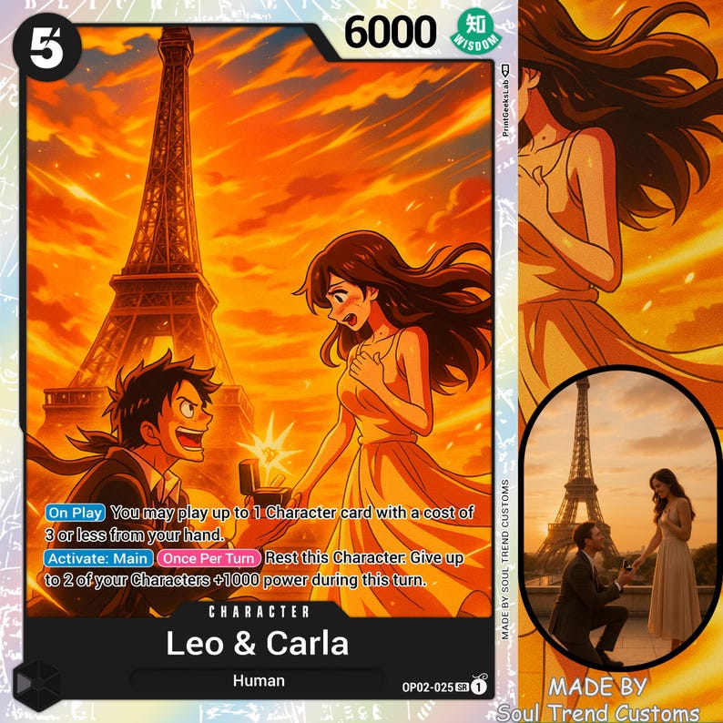 May include: A trading card featuring an illustration of a couple at the Eiffel Tower. The card shows a man proposing to a woman, with the tower in the background. The card is labeled "Leo & Carla" and has a power level of 6000.
