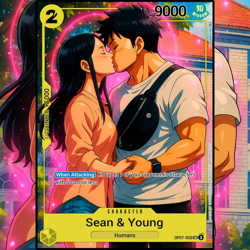 May include: A trading card featuring an illustration of a couple kissing. The card has a yellow border with the number "2" and text that reads "COUNTER +1000". The card also displays the text "Sean & Young" and "Humans".
