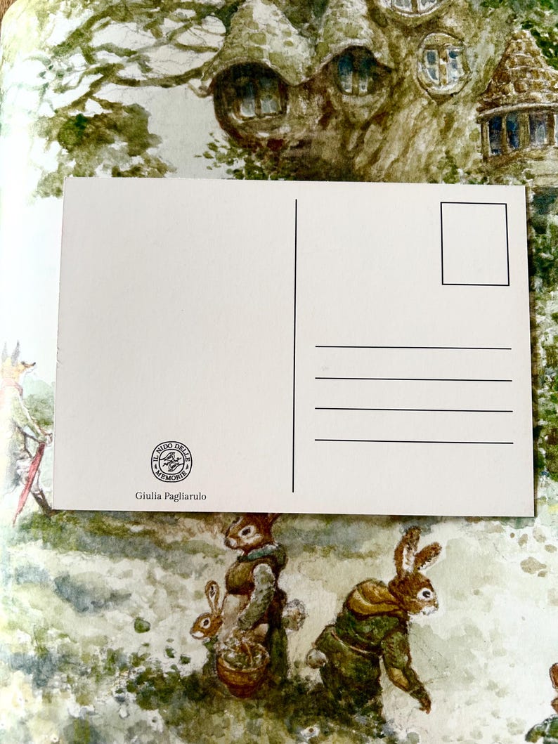 May include: A rectangular white postcard featuring a vertical line to separate the address section from the message area. The bottom left corner displays a circular logo containing the text IL NIDO DELLE MEMORIE with the name Giulia Pagliarulo printed below.