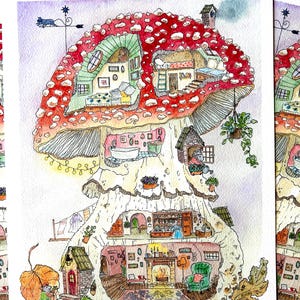 May include: A detailed watercolour illustration of a mushroom house. The red cap is speckled with white spots. Inside, the house has multiple levels with rooms, furniture, a fireplace, and a garden. A cat weather vane sits atop the mushroom.