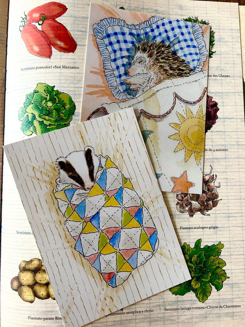 May include: Two rectangular art prints featuring watercolour illustrations of animals sleeping. One print shows a hedgehog in a blue checkered bed, the other shows a badger wrapped in a colourful geometric quilt, both resting on a page with vegetable drawings.