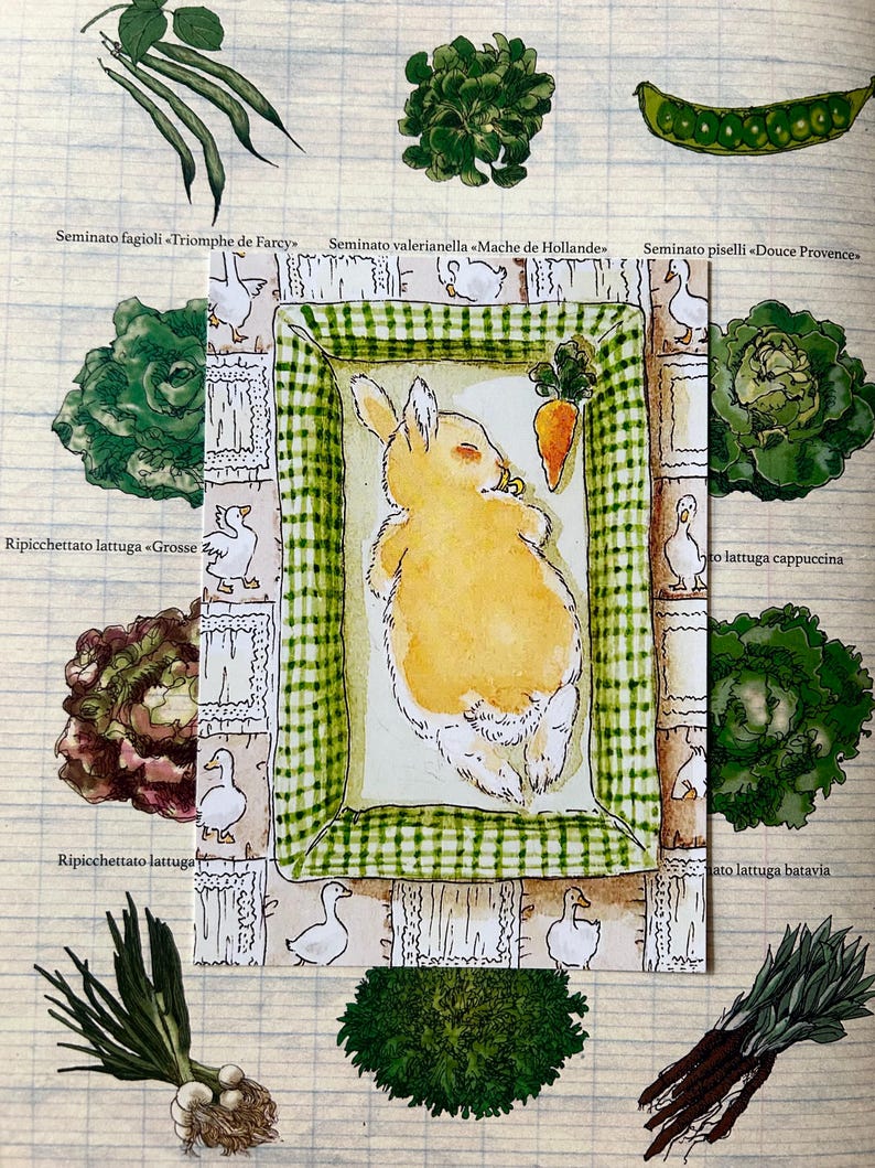 May include: A rectangular card featuring a watercolour illustration of a sleeping yellow rabbit on a green and white checkered blanket. The rabbit is positioned next to a small orange carrot. The border is decorated with white ducks.