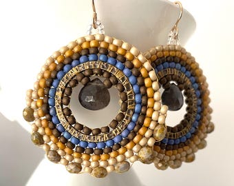 Folklore - Round Beaded Earrings, Smoky Quartz and Brass