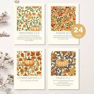 May include: Set of four autumn-themed printable scripture cards. Each card features a pumpkin illustration and a Bible verse. The cards have a floral design with orange, green, and brown leaves. The text "Autumn Floral Printable Scripture Cards" is at the bottom.