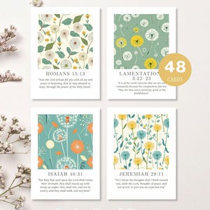 May include: Set of 48 printable scripture cards featuring dandelion designs in various colors. Each card displays a Bible verse, with the title "Spring Dandelions" and the text "PRINTABLE SCRIPTURE CARDS (KJV)" at the bottom.