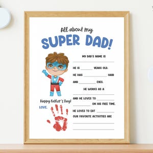Presente de Super Pai para Imprimir, Presente Personalizado para o Dia dos Pais, Tudo Sobre Meu Pai, Artesanato Personalizado com Impressão de Mão, Modelo Editável do Canva, Presente de Crianças
