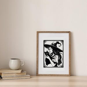 Digital Download witch and cat print, wall hanging, bedroom picture, Spooky, cats, cuddle