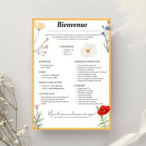 Peut inclure: Une pancarte d'accueil avec des accents floraux et un fond jaune. La pancarte comprend des informations sur l'adresse, le wifi, les coordonnées, les règles à respecter et les instructions de départ. Le texte indique : "Bienvenue, Nous vous souhaitons un agréable séjour."
