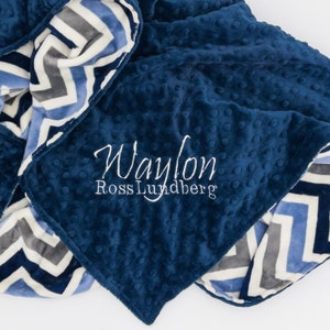 Blue Chevron Minky Baby Blanket, Customized, Embroidered, Minky, Baby Gift image 1