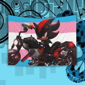 以下が含まれることがあります： 黒いバイクに乗った漫画のキャラクターが描かれたタペストリー。背景にはトランスジェンダーのプライドフラッグが描かれています。キャラクターは黒色で、赤いアクセントがあります。バイクには赤と銀色のディテールがあります。