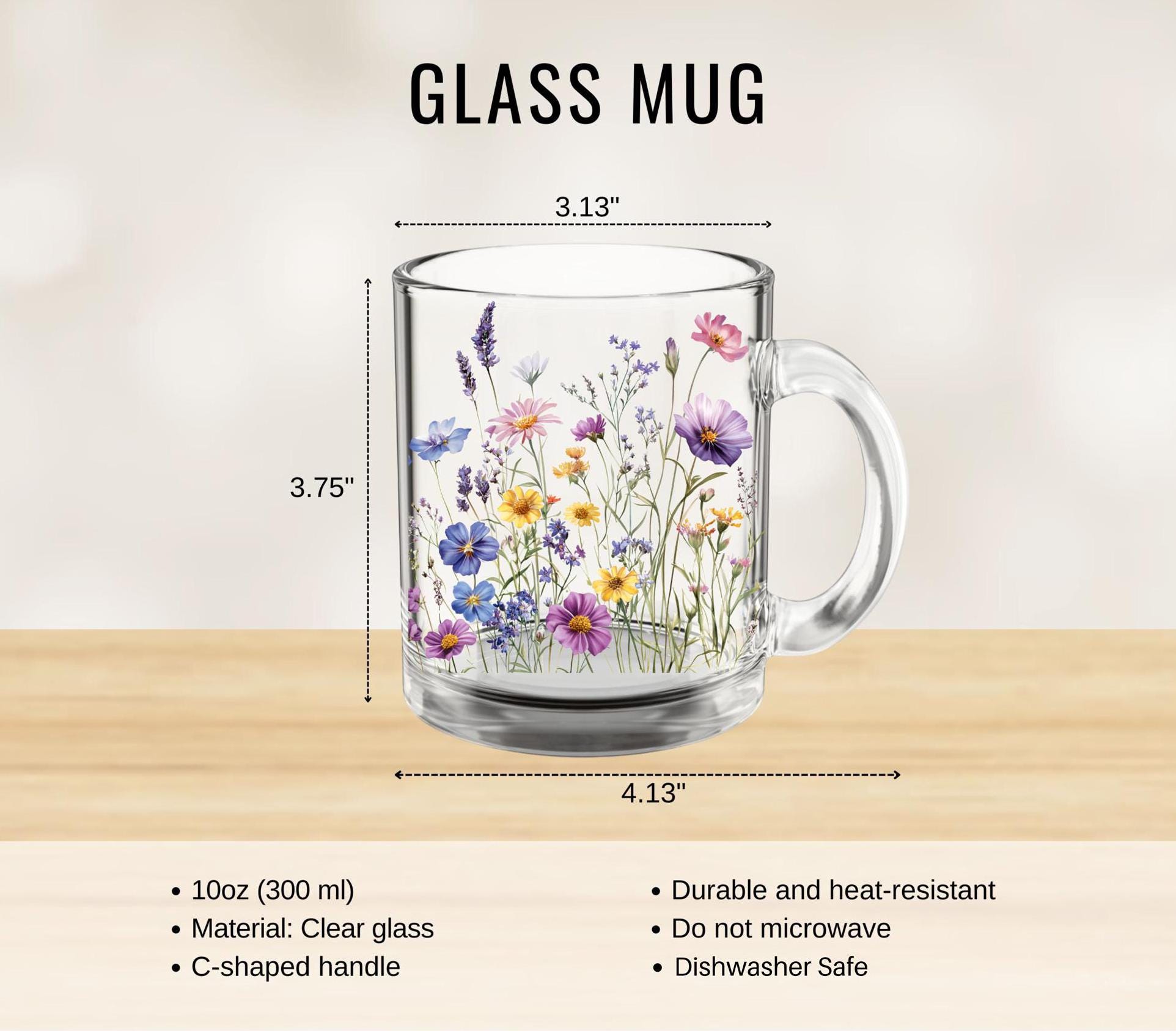 Wildflower Mug Glass, Boho Wildflowers Clear Glass Mug, Flowers Mug ...