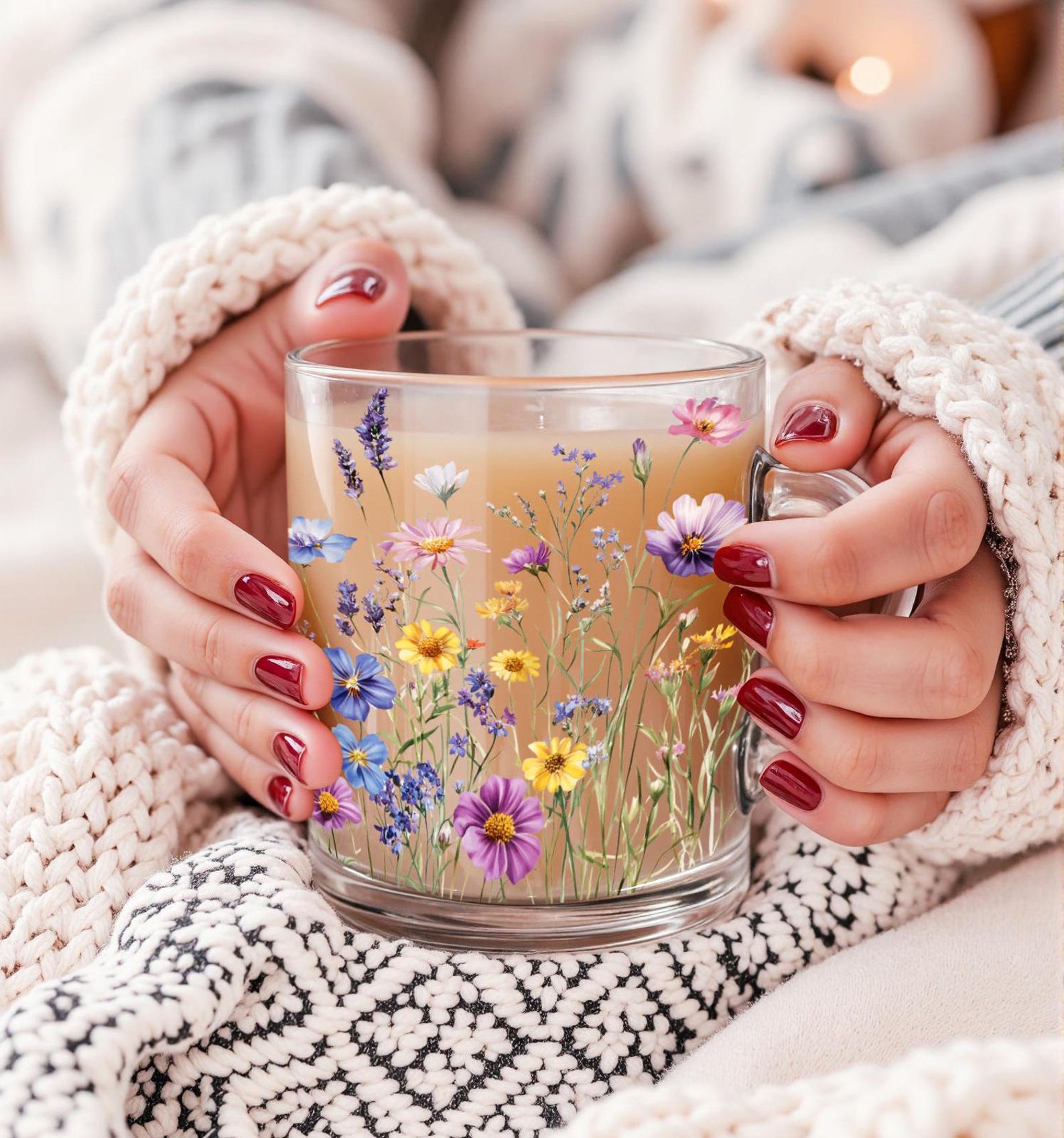 Wildflower Mug Glass, Boho Wildflowers Clear Glass Mug, Flowers Mug ...