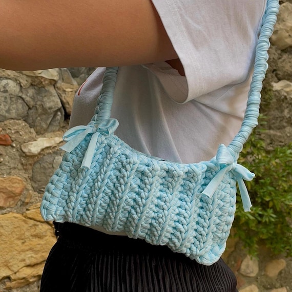 Handmade Light Blue Crochet Bag – Shoulder Bag With Ribbons  display picture 1