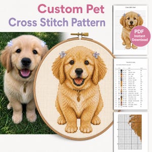 May include: A custom pet cross stitch pattern featuring a golden retriever puppy with small white flowers on its ears. The design is displayed in a wooden embroidery hoop, accompanied by a PDF chart, a thread color list, and a grid pattern.