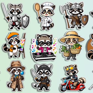 Chibi Raccoon Sticker Pack: 15 Kawaii Cartoon PNGs (Digital Download)