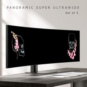 32:9 Ultrawide-Monitor-Wallpaper-Set mit 5 Hintergrundbildern, Schwarz-Pinke Blumen-Totenkopf-Desktop-Hintergründe, Dunkles Gothic-Schreibtisch-Setup 8K