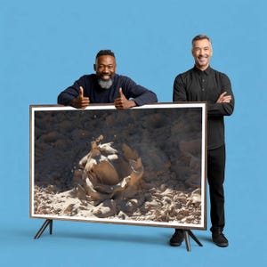 Puede incluir: Un televisor moderno y grande con un marco de madera delgado y un soporte. La pantalla muestra un primer plano de un volcán de lodo en erupción. Dos hombres están a ambos lados del televisor, uno haciendo una señal de pulgar.