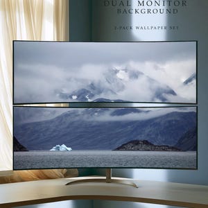 Set di 2 sfondi per doppio monitor 32x9 sovrapposti, tema ghiaccio della Groenlandia.