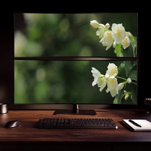 Può includere: Una configurazione a doppio monitor con due schermi curvi sovrapposti che mostrano un'immagine ad alta risoluzione di fiori di gelsomino bianchi su uno sfondo verde sfocato, posizionati su una scrivania in legno scuro con tastiera, mouse e taccuino neri.
