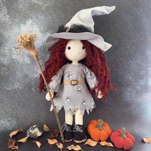 Collectible Crochet Witch Doll 35 cm - Handmade Halloween Amigurumi with Broomstick