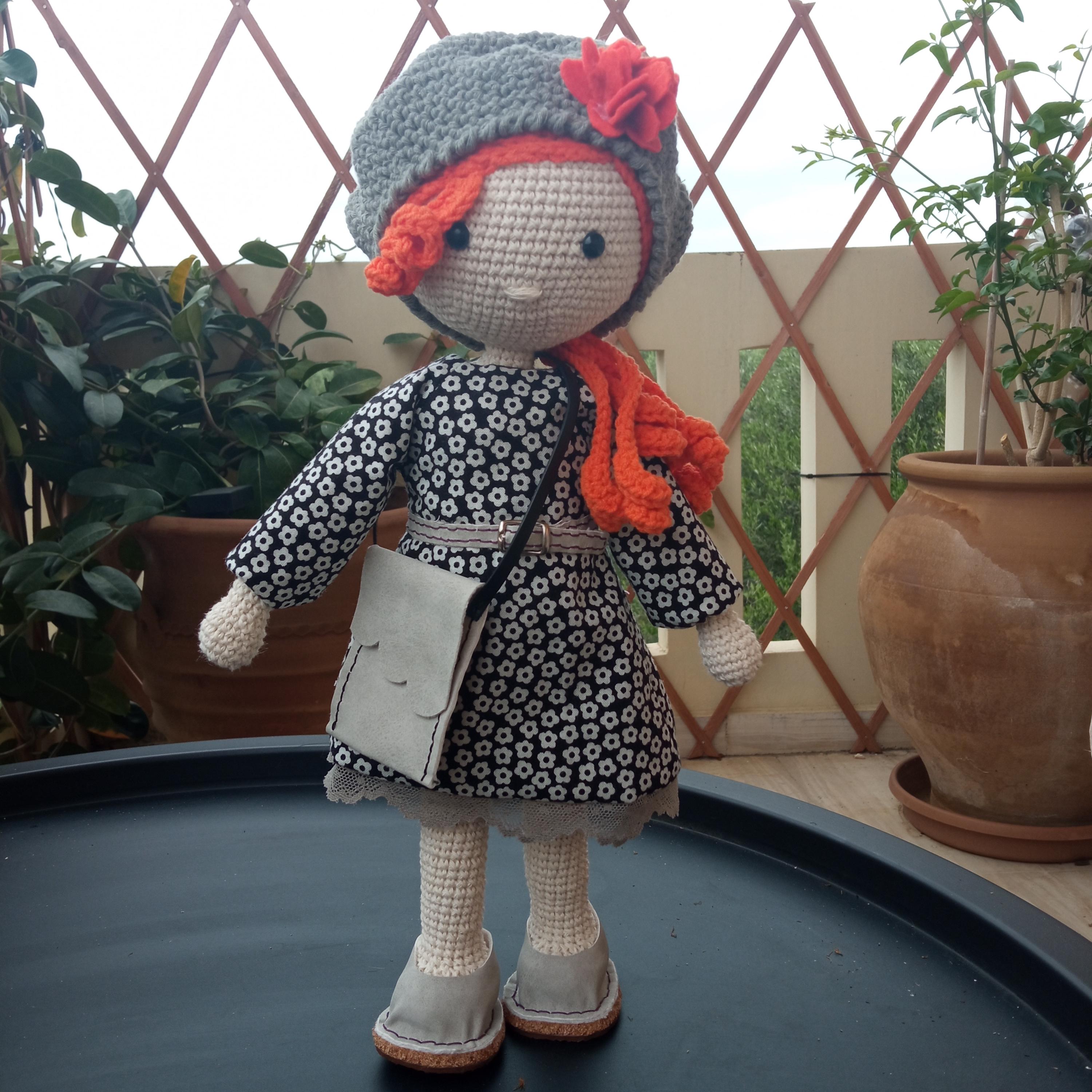 Handmade Crochet Doll: 35cm Cotton Doll with Removable Clothes & Leather Accessories