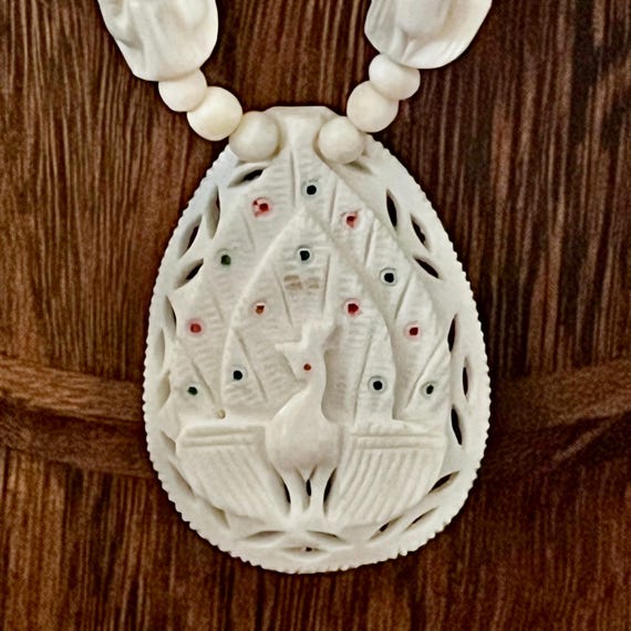 Vintage Carved Bead Peacock Pendant Peacock Jewelry