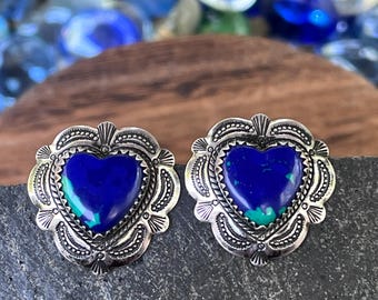 Carolyn Pollack Heart Earrings Navajo Sterling Blue Green Azurite Heart Post Earrings