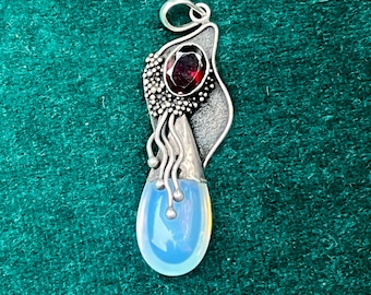 Sterling Silver Garnet Moonstone Pendant: Artisan Birthstone Jewelry