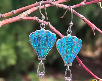 Southwestern Hot Air Balloon Dangle Earrings Inlay Opal Sterling Silver