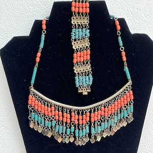 Egyptian Revival Style Bib Necklace and Bracelet Clay Tube Beads Coral Beads Vintage Jewelry