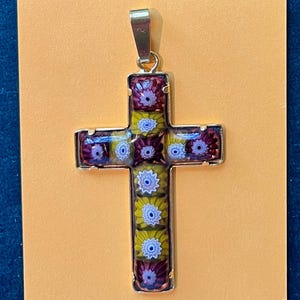Murano Glass Millefiore Vintage Fused Glass Cross Pendant Floral Glass Religious Gifts