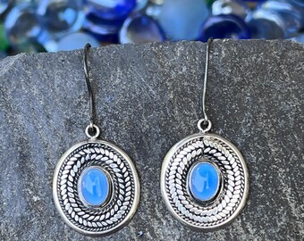 Southwest Handmade Braided Silver Oval Dangle Earrings Blue Chalcedony